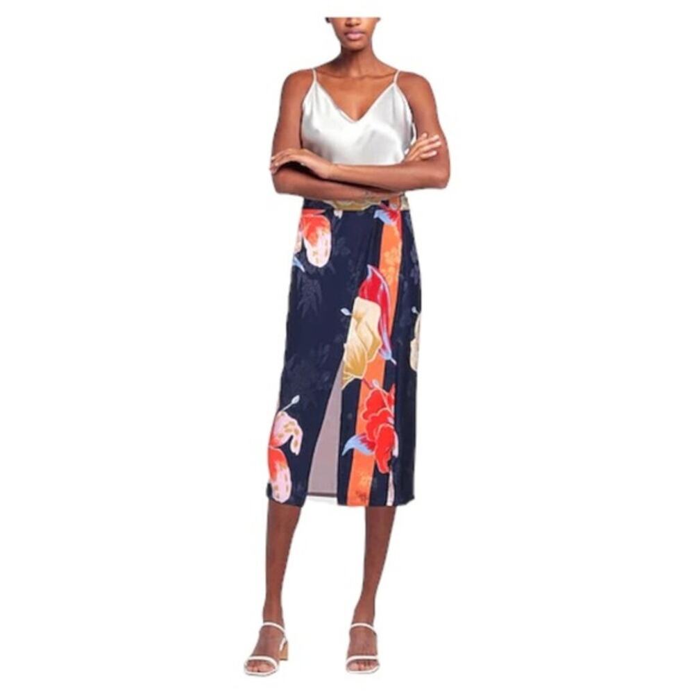 NWT Etro Silk Jaquard Navy Floral Midi Skirt Size 44 IT or 8 US